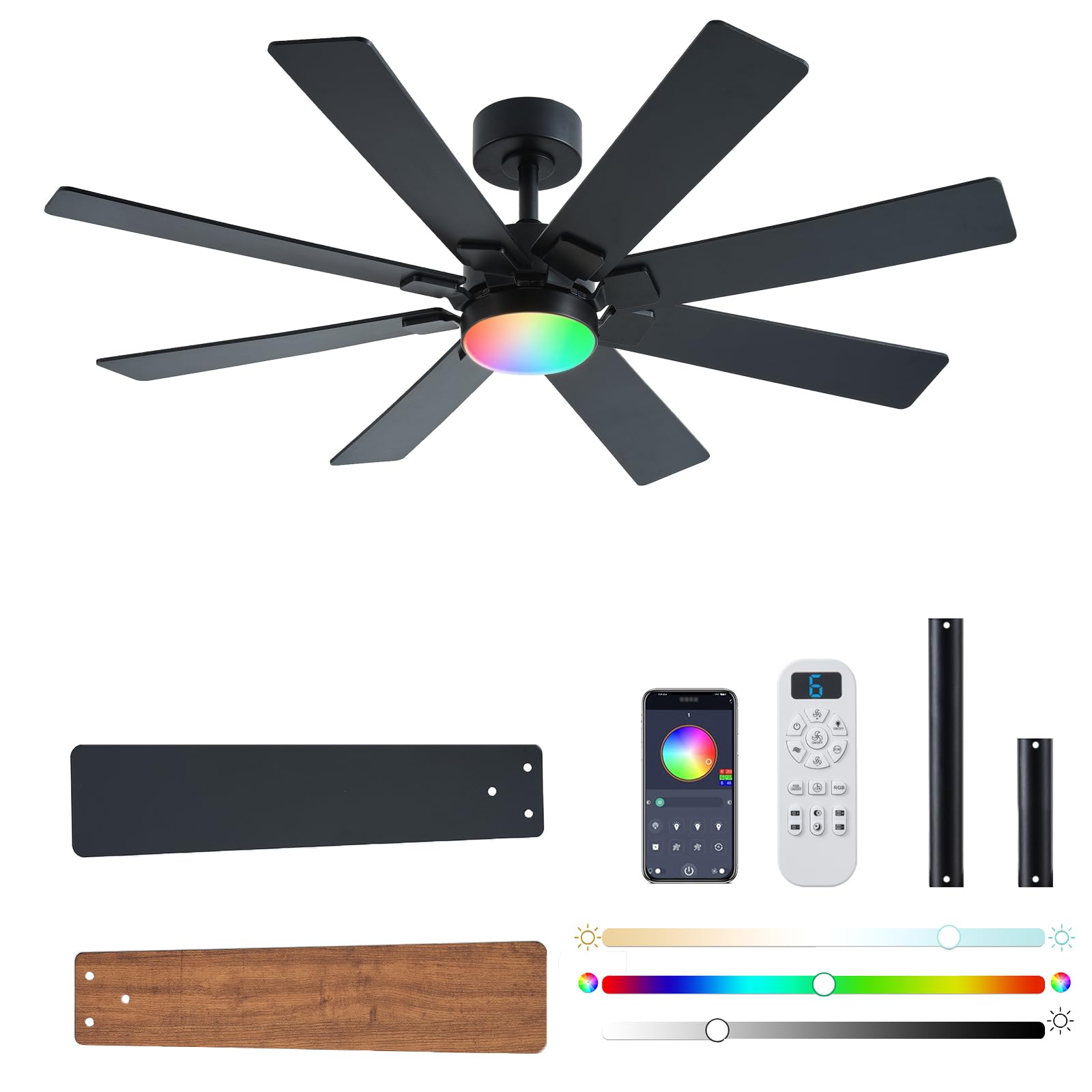 Photo 1 of KNUN 48 Inch Ceiling Fans with Lights and Remote/APP Control, Low Profile Ceiling Fan, 8 Blades?RGB/LED Dimmable, Reversible DC Motor, Noiseless Black Ceiling Fans for Bedroom Indoor/Outdoor Use