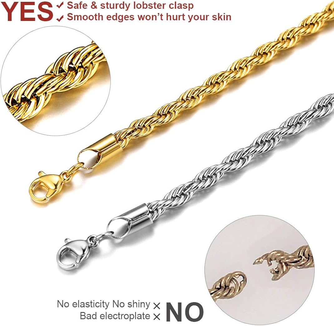 GOLDCHIC JEWELRY 3mm Rope Chain Bracelet, 316L Stainless Steel Boy Chain Link, 21CM, Silver, Gold, 21 cm - Image 3