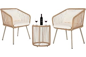 FDW 3-Piece Outdoor Furniture Modern Patio Bistro Set Rattan Conversation Set Wicker Patio Furniture Set with 2 Chairs Coffee Table Cushions Lumbar Pillows for Patio Outdoor Backyard Porch, White