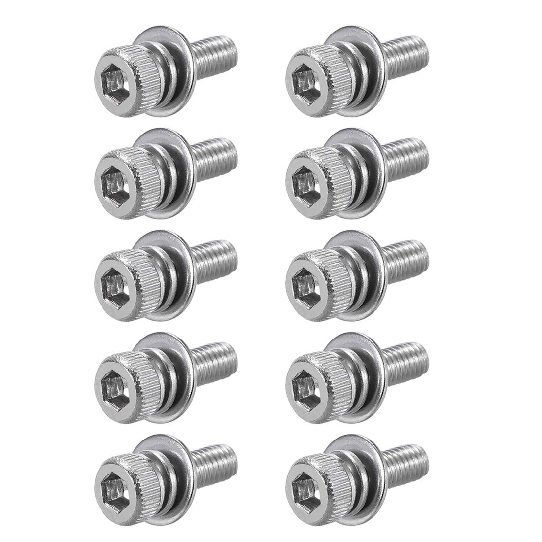 sourcing map M3 x 6mm Stainless Steel Hex Socket Head Cap Screws Bolts Combine with Spring Washer and Plain Washers 10pcs