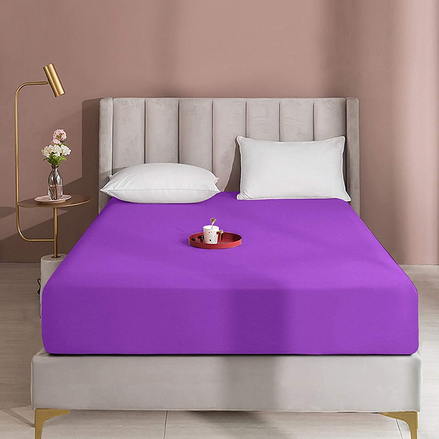 Queens Land Home Extra Deep 16"(40cm) Non Iron Percale Plain Pollycotton Fitted Sheet or Pillow Pair (Super King, Purple)