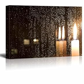 Rain Drops Reflect Light of a Burning Candle in Glass at Night - Canvas Art Wall Art - 12" x 18"