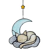 Orange Cat Decor On Blue Moon, Stained Glass Window Hanging, Suncatcher for Windows Panels, Memorial Gift Cat for Lover Loss