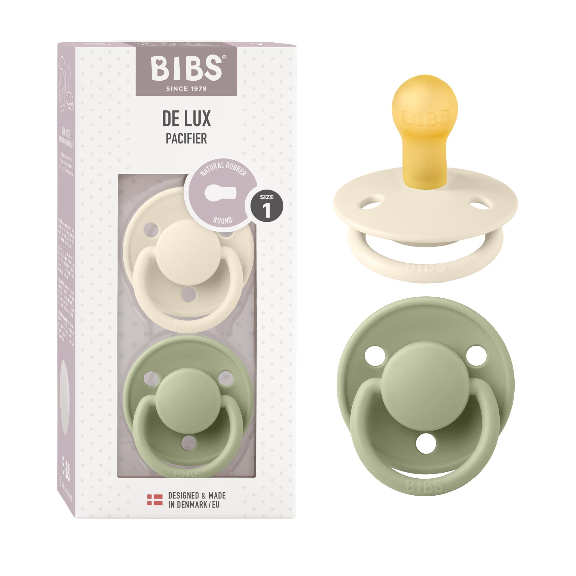 BIBS De Lux Dummies 2-Pack, BPA Free Dummy Pacifier, Round Nipple. Natural Rubber Latex, Size 1 (0-6 Months), Ivory/Sage