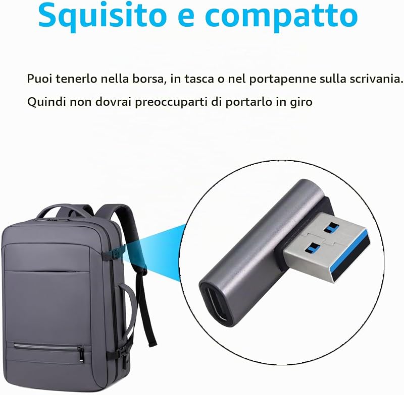 Adattatore USB 3.1 10Gbps 90 Gradi Maschio a Tipo C Femminile - Trasferimento Dati OTG per Tablet Portatile - 3 Pack (Argento)