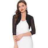 Allegra K Ruffle Shrugs for Women's Evening Dresses Elegant 3/4 Sleeves Open Front Mesh Chiffon Formal Bolero