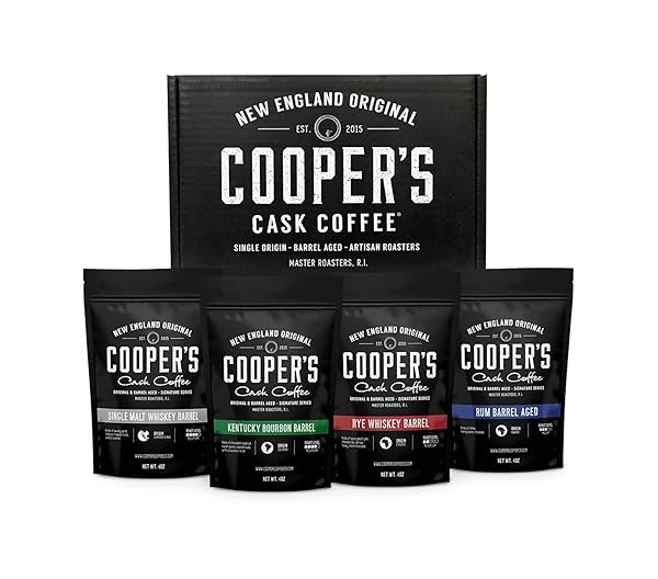 BOURBON & WHISKEY BARREL AGED COFFEE – 4-BAG ROASTED COFFEE BEANS SET – SINGLE ORIGIN BOURBON COLOMBIAN, MALT WHISKEY SUMATRA, RYE WHISKEY ETHIOPIAN, RUM BARREL RWANDA, (GROUND, 4 OUNCE (PACK OF 4))