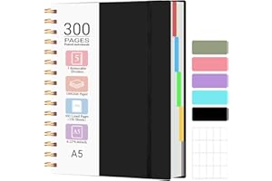 Spiral Notebook, A5 Size 5 Subject Notebooks College Ruled with Tabs and Removable Dividers, 300 Pages 100GSM Thick Spiral Ru