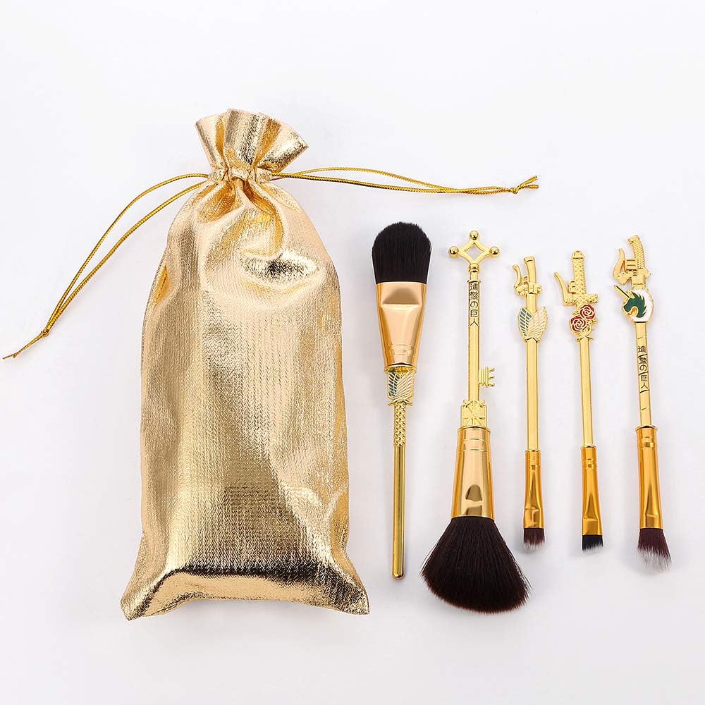 Anime Attack titan Makeup Brushes - 5pcs professional Metal Handle Makeup Brushes Set, Anime Scout Regiment Symbol Shingeki no Kyojin Sword Weapon Series Makeup Brushes for Fans (Bright Golden)