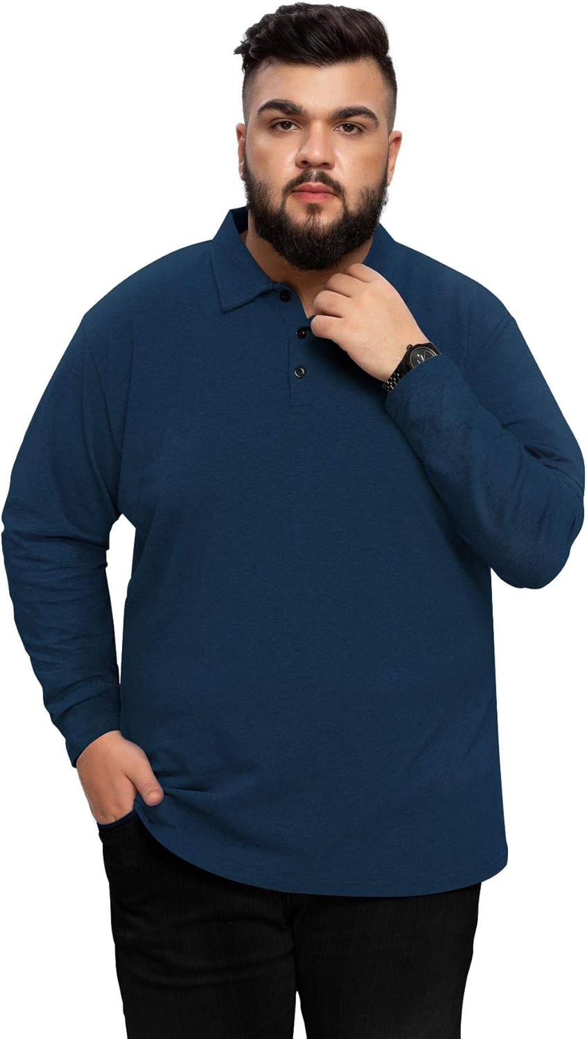 Aiyino Men's Big and Tall Classic Fit Long Sleeve Solid Soft Cotton Polo Shirt: Clothing