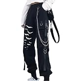 Kisswow Women's High Waisted Baggy Cargo Pants with Chain Pockets | Goth Cargo Pants Women with Elastic Waist, Emo Tripp Rave Punk Rock Outfits for Women, Concert Outfits with Detachable Chain