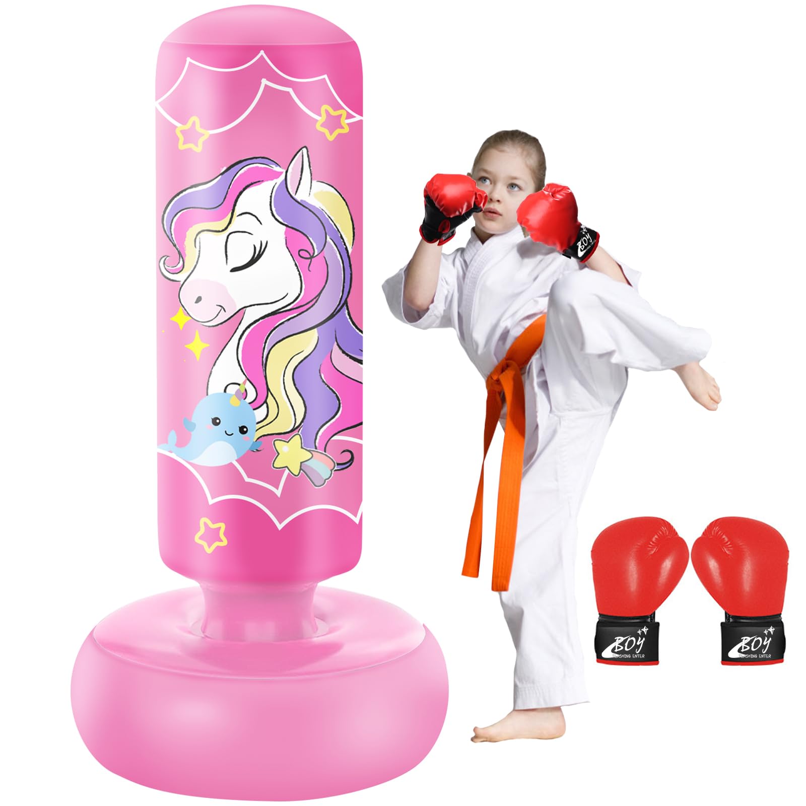 NZQXJXZ 66'' Inflatable Kids Punching Bag with Boxing Gloves, Freestanding Boxing Bag, Stand Kids Punching Bag Toy, Great Gift for Kid s, Girls, Boxing Set for Practicing Karate, Taekwondo, MMA