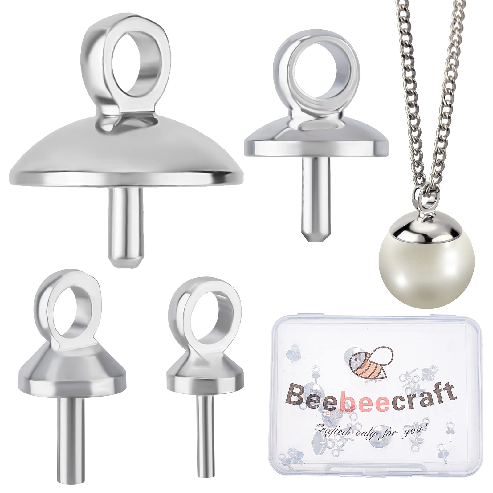Beebeecraft 40Pcs 4 Size Eye Pin Bail Peg Pendants 925 Sterling Silver Plated Pearl Cup Eye Pins with Small Pearl Cup for Half Drilled Beads Jewellery Making Findings
