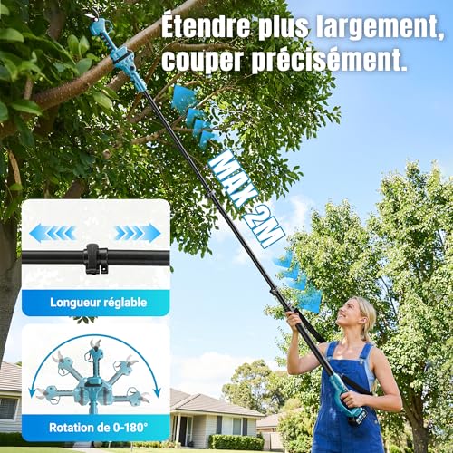 2 in 1 Electric Secateur with Pole, 40 mm Cordless Telescopic Electric Pruner with 2 x 3000 mAh Battery, Extension Up to 4.5 m, for Pruning Trees and Shrubs