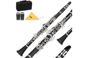 Ktaxon Bb Flat Clarinet Mid-range Bakelite Beginner & Student Clarinet, Nickel-Plated 17 Keys B Tone Clarinets with Hard Case, 10 Reeds, Gloves, 2 Mouthpieces Connector (Black)