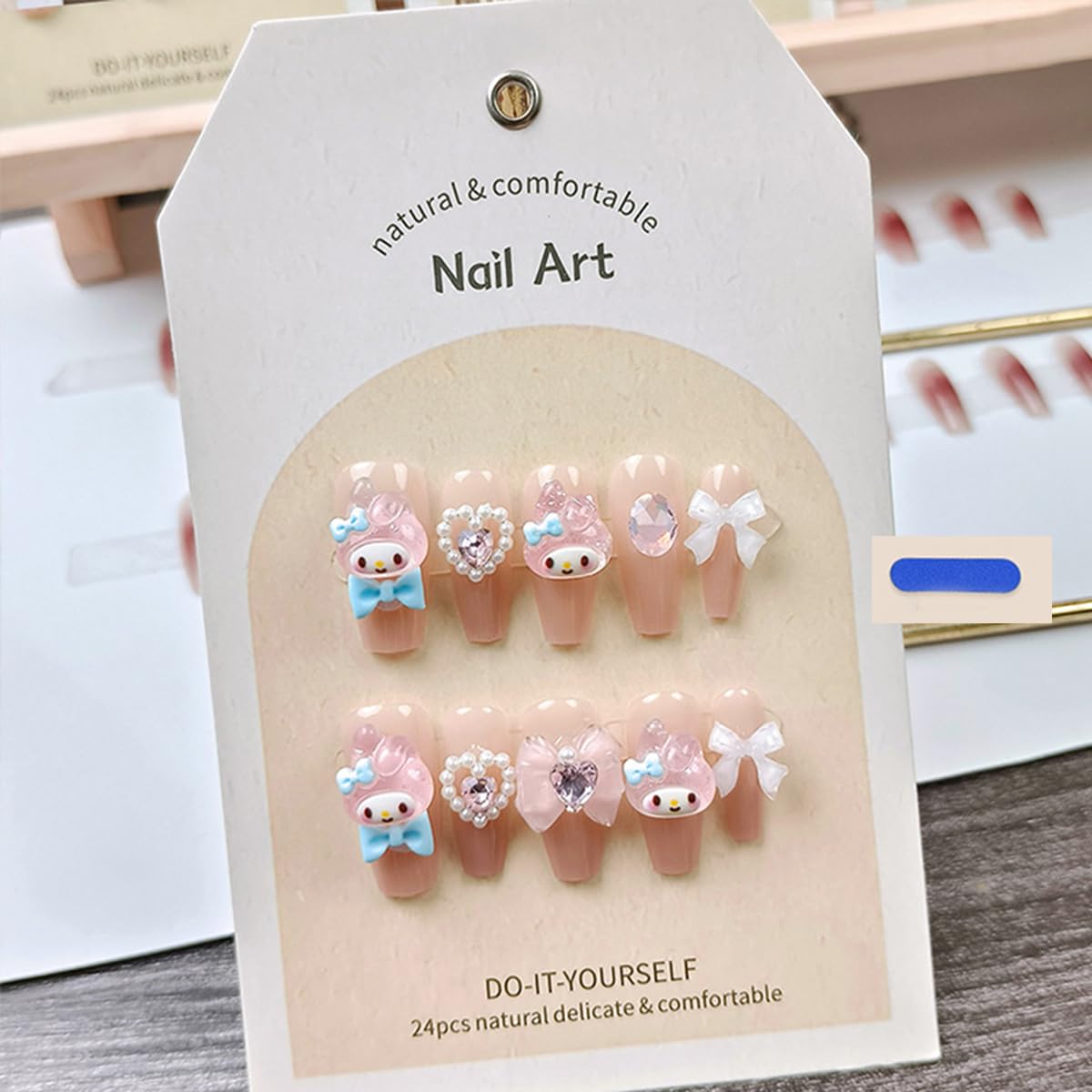 24Pcs Nude Press on Nails Medium Square Fake Nails Glossy Glue on Nails with 3D Kawaii Heart Bow Charms Design French Stick on Nails Cute False Nails Artificial Acrylic Nails for Women Girls Manicure - Image 3