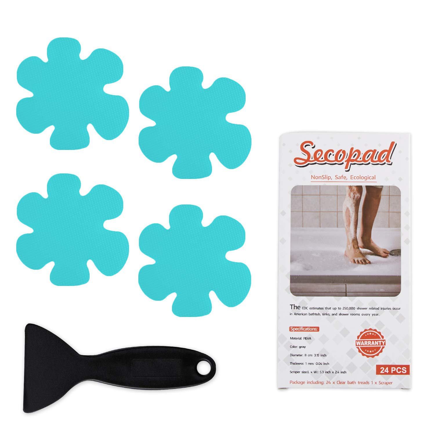 Secopad Bathtub Stickers Non-Slip, 24PCS Safety Shower Treads Adhesive Appliques with Premium Scrape (Blue)