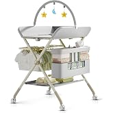 QMHHRJT Changing Table, Portable Baby Changing Table with Wheels, Upgraded Foldable Diaper Changing Station with 5-Level Adjustable Height &amp; Large Nursery Organizer Storage for Newborn Infant