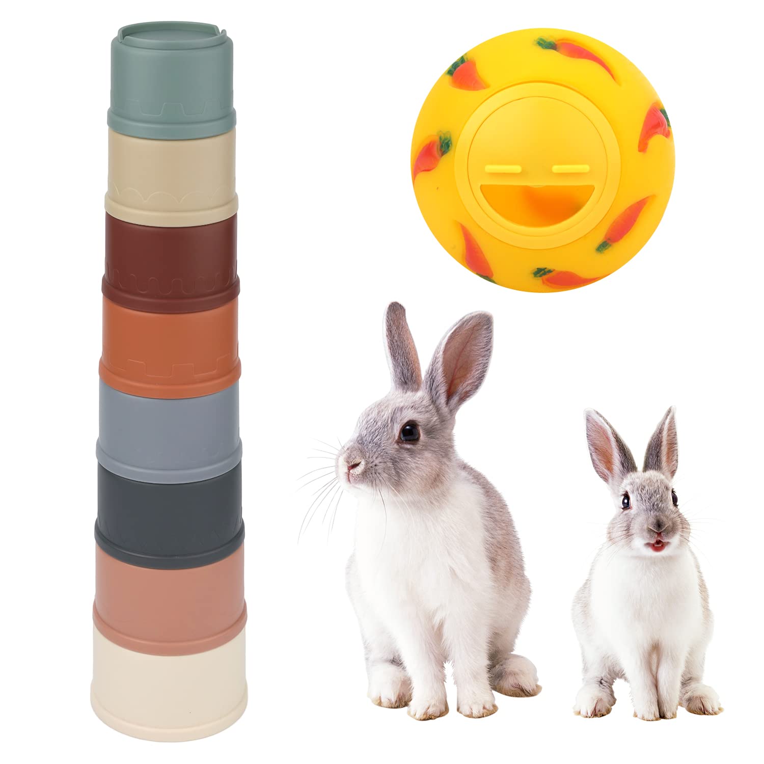 LUTER 8pcs Stack Up Bunny Cups with 1pc Treat Ball, Bunny Stacking Cups Bunny Toys for Rabbits Stacking Cups for Bunnies Plastic Nesting Toys Cups for Pets