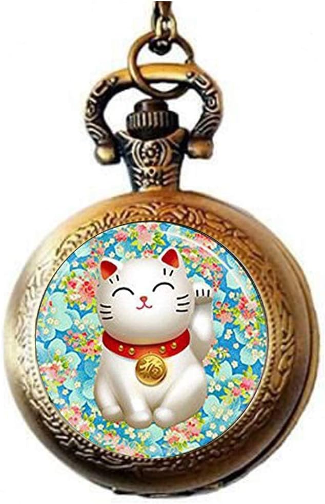 Lucky Cat Keychain Pink and Blue Flower Blossom Keychain,Maneki Neko Good Luck Keychain- Pocket Watch Necklace Charm Bible Quote Pendant