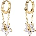 Reffeer 925 Sterling Silver Flower Chain Drop Earrings Hoop for Women Teens Huggie Hoop Dangle Earrings Chain
