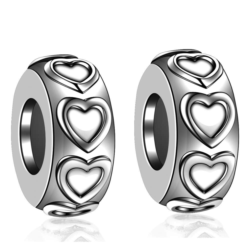 Lovans 2 PCS 925 Sterling Silver Rubber Spacer Stopper Bead for Bracelets Jewelry Gift for Her Women (Silver Heart)