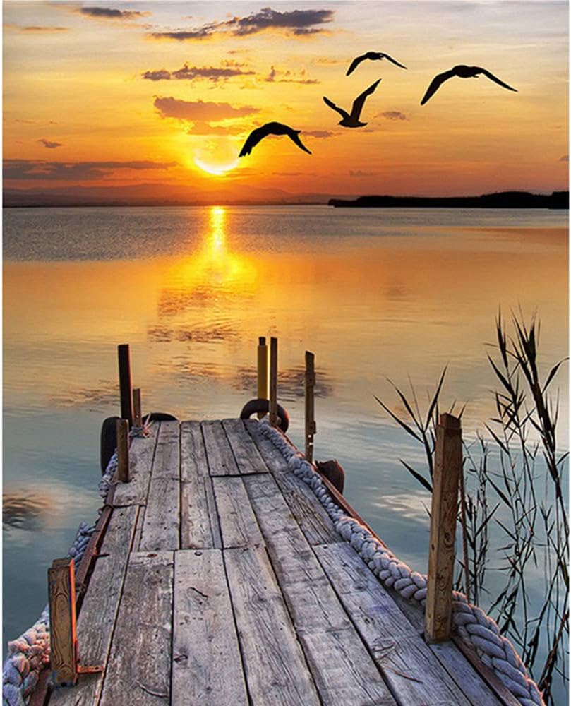 TAHEAT 5D DIY Diamond Painting by Number Kits,Landscape Diamond Painting Full Drill Crystal Rhinestone Arts Craft Embroidery Dotz Kits Wall Decor for Adults 12x16 Inches (Sunset Wooden Bridge)