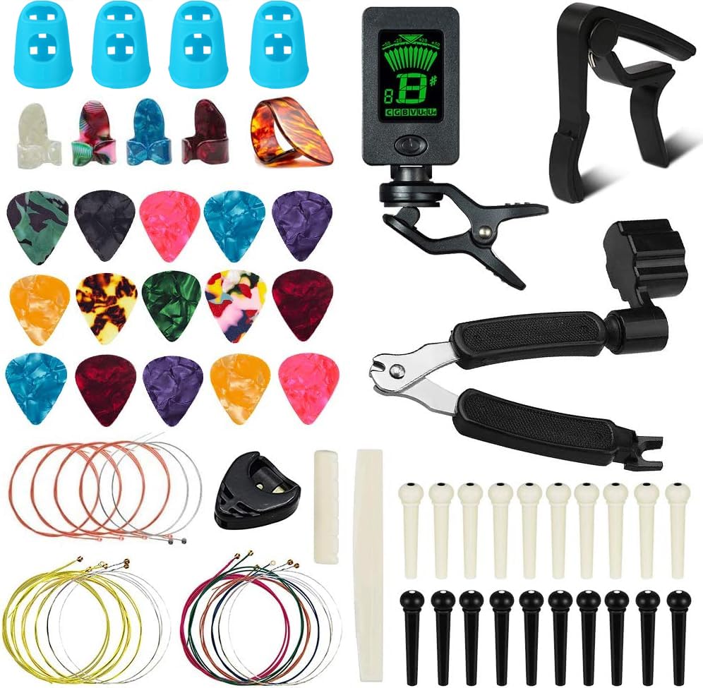 72 PCS Guitar Accessories Kit, FOVERN1 Guitar Tools Set Including Guitar Picks, Capo, Tuner, Guitar Strings, 3 in 1String Winder,Bridge Pins, 6 String Bone Bridge Saddle and Nut, Finger Picks