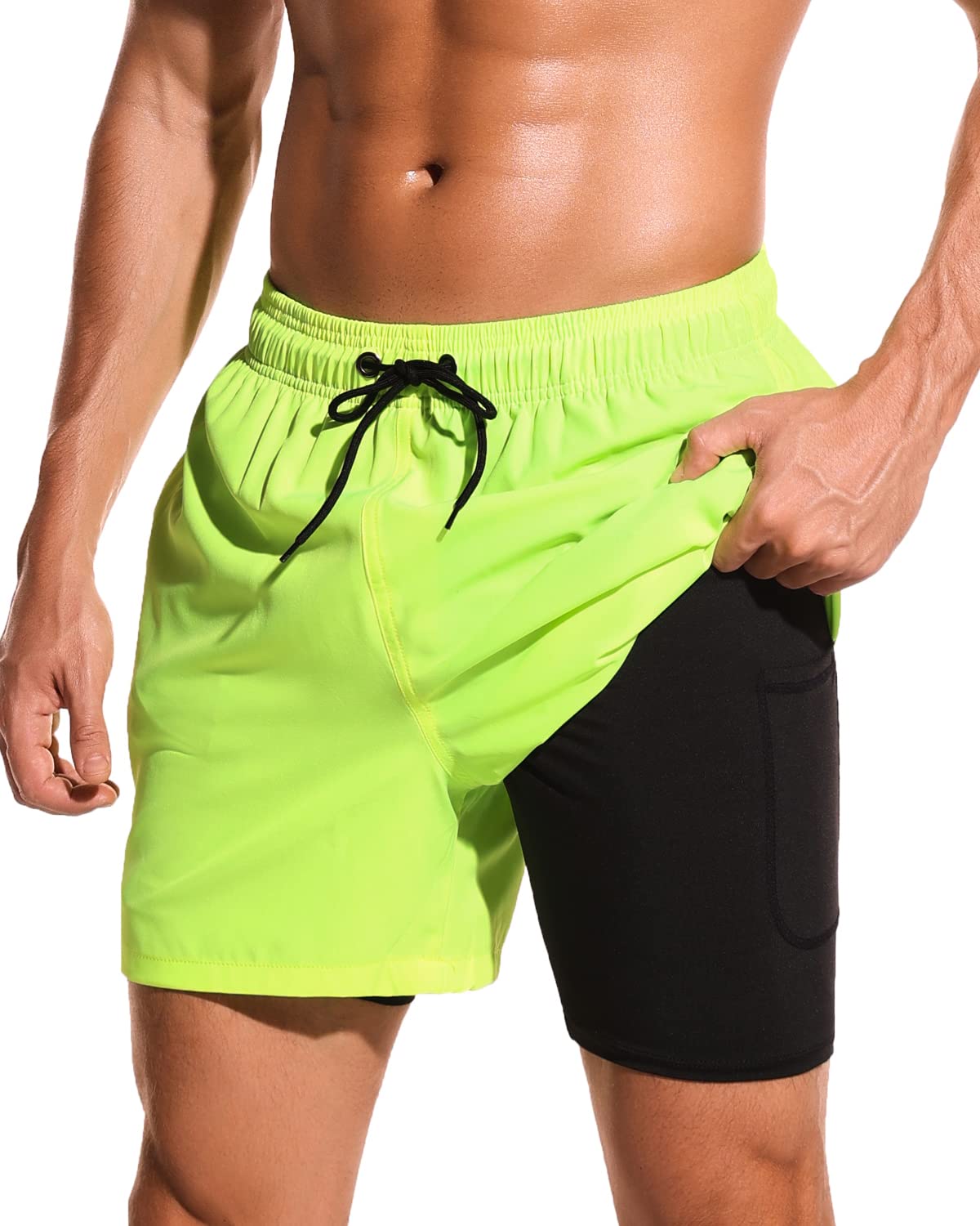 SILKWORLD Mens Swim Trunks with Compression Lining Quick Dry Swimsuit Shorts with Zipper Pockets,Neon Green,XX-Large Image