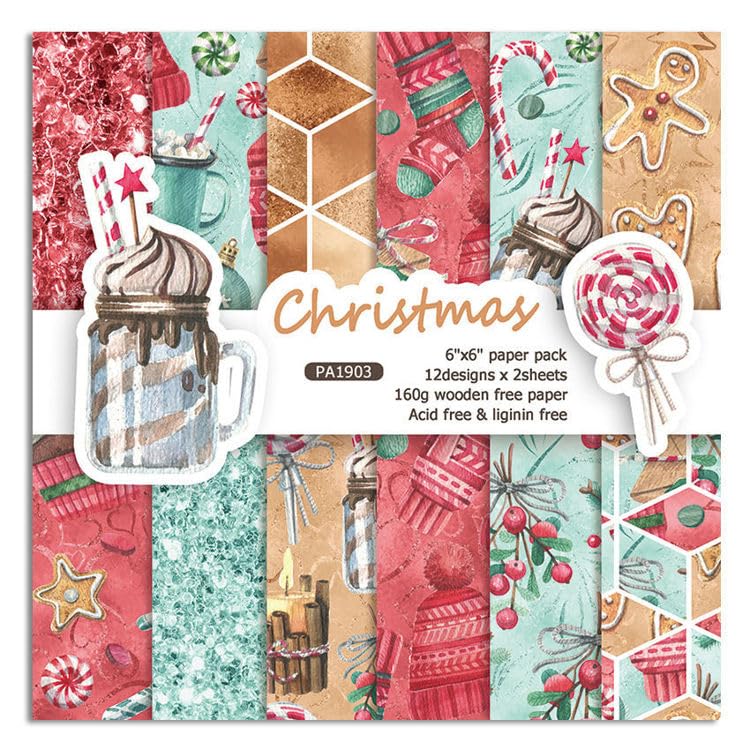 Syntego 24 Sheets, 12 Designs Cute Christmas Decorative Acid Free Scrapbook Paper Set 160gsm,Single Sided 15.2cm x 15.2cm (6in x 6in)