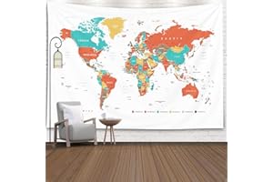 Capsceoll Large Map Tapestry, Camping World Map Colorful World Map Indoor Wall Art Wall Decorations for Living Room Wall Decor Bedroom Luck Wall Decor College Decor 80" L X 60" W,White Orange