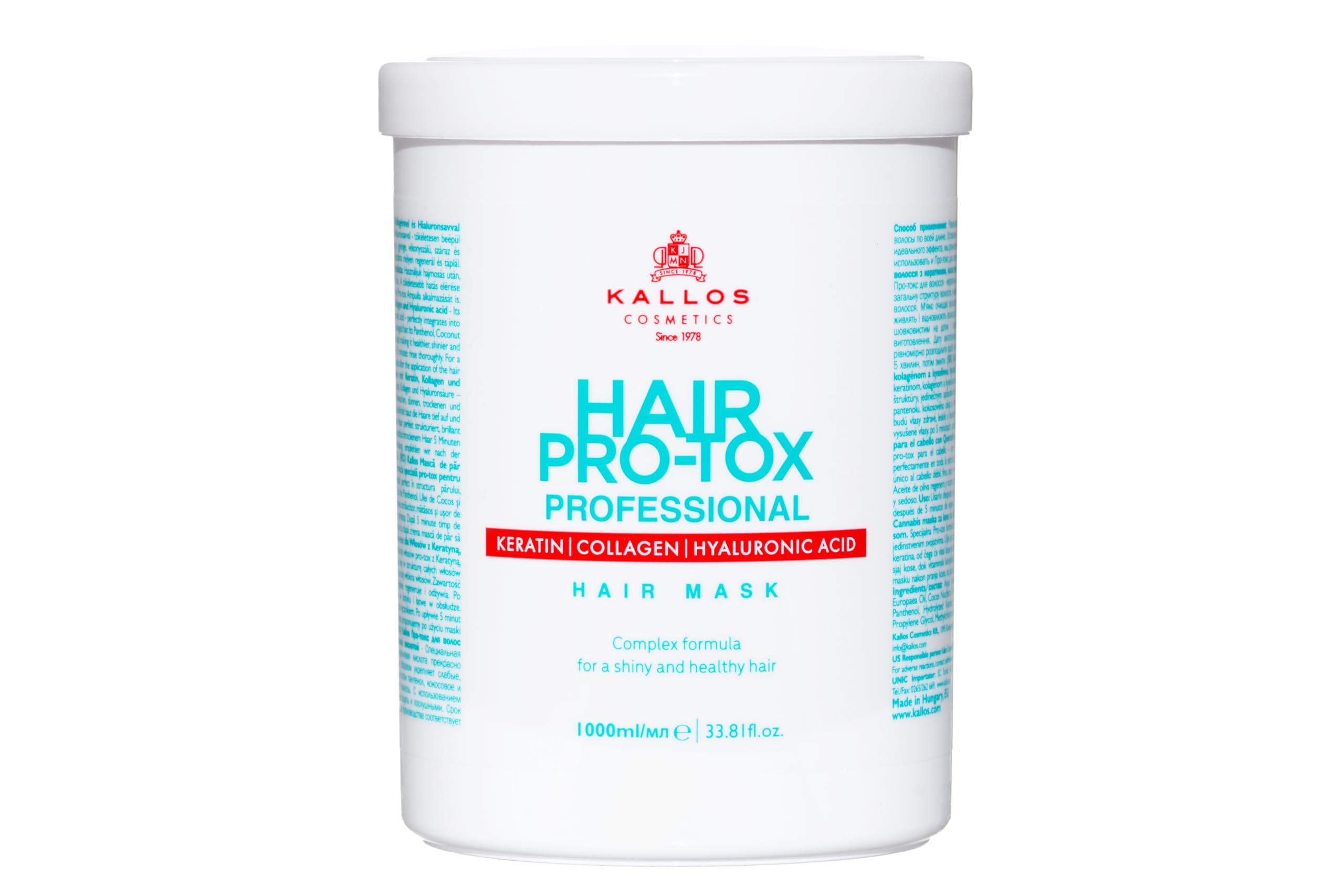 Kallos Pro-Tox Hair Mask with Keratin, Collagen, and Hyaluronic Acid 1000 ml - 33.81 Fl Oz