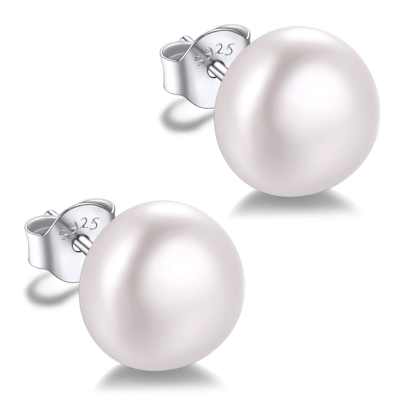 Silvora Pearl Earrings for Women Ear Studs 10mm Sleeper Earrings Sterling Silver