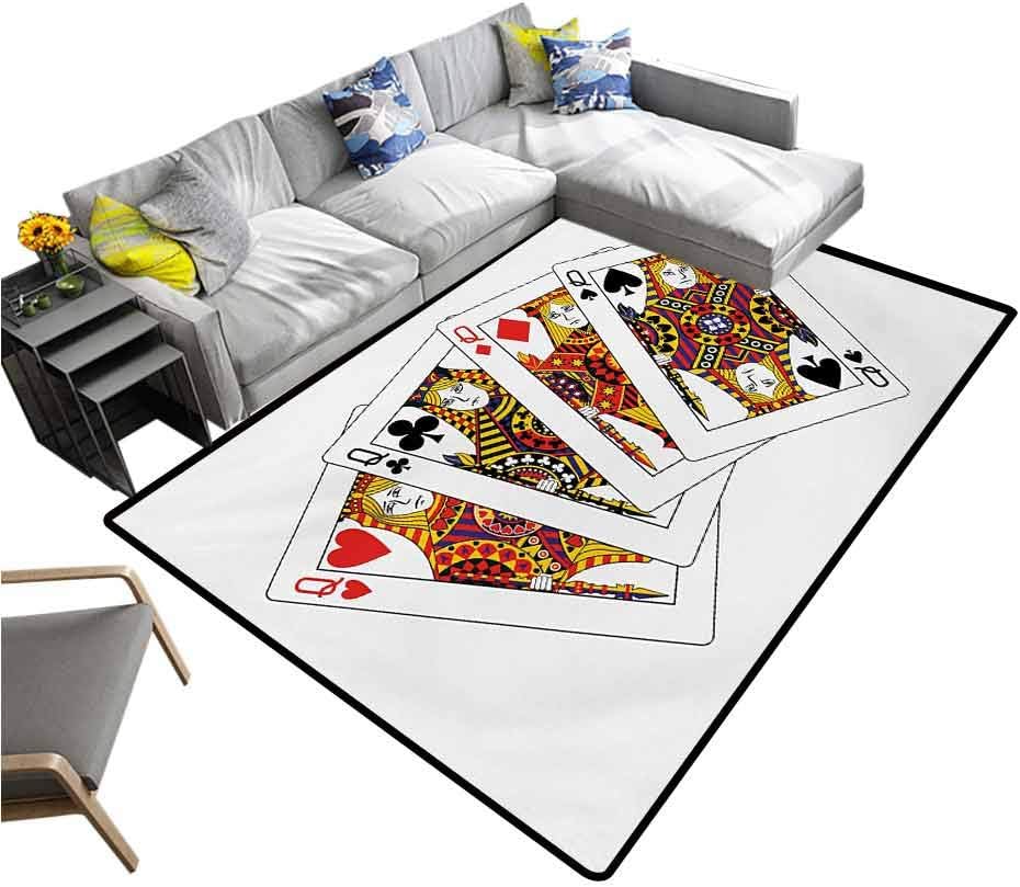Queen Carpet mat Queens Poker Set Faces Hearts and Spades Gambling Theme Symbols Playing Cards Children Play Mat Black Red Yellow (4'7"x6'6")