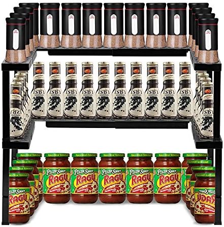 Spice Rack Organizer for Cabinet Adjustable 2 Tier Metal Spice Shelf for Cupboard Stackable- Set of 2 (Black)