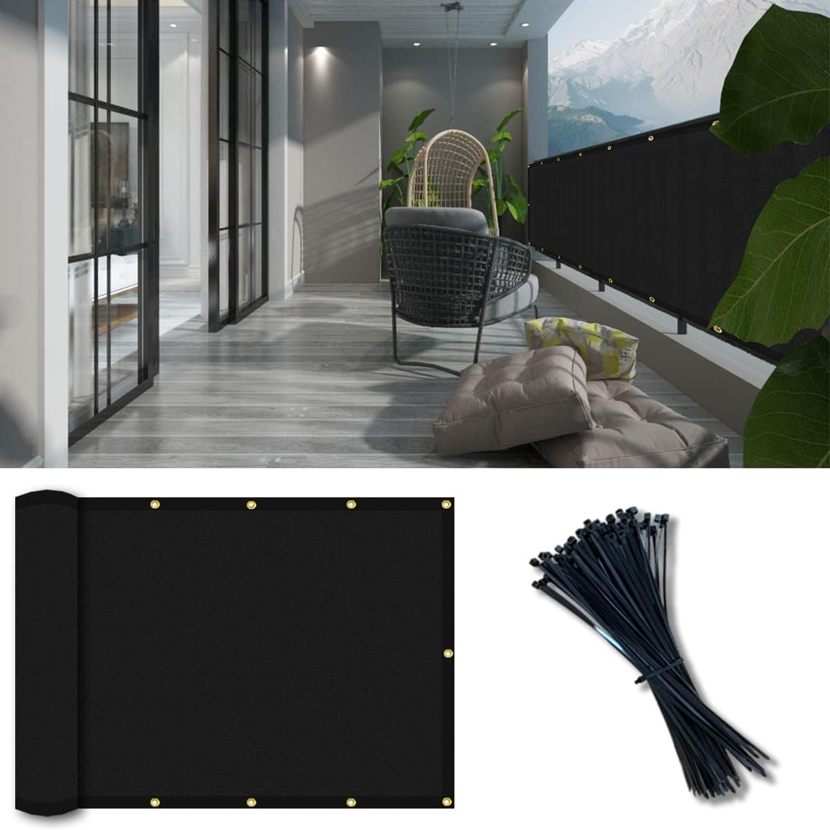 Vocray 0.9X5M Privacy Screen for Balcony Apartment Railing, Sun Protection Balcony Netting, Wind and Dust Barrier, Mesh Fabric for Outdoor Privacy Shield, Pool, Terrace, Patio, Fence Cover(Black)