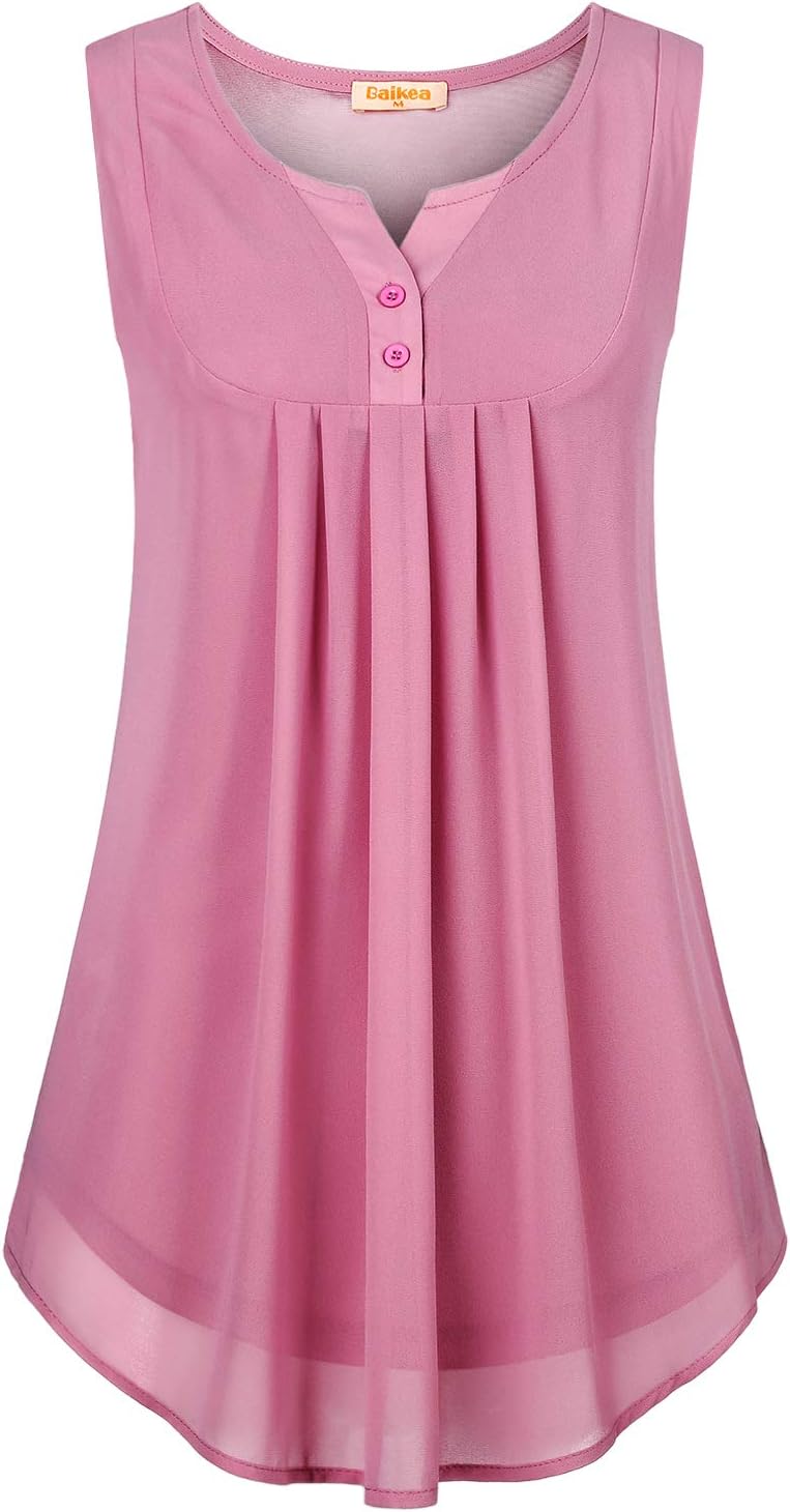 BAIKEA Women's Notch Neck Button Trim Pleated Tank Tops Summer Chiffon Blouses