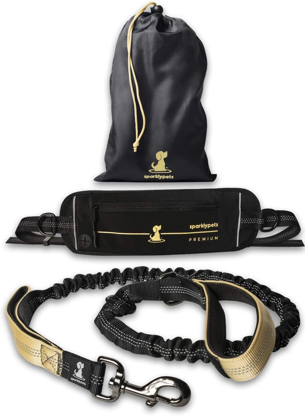 SparklyPets Hands-Free Dog Lead for Medium and Large Dogs – Professional Harness with Reflective Stitches for Training, Walking, Jogging and Running Your Pet (Premium Gold, For 1 Dog)