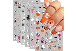 QDSUH Halloween Nail Stickers, Halloween Nail Art Decals 3D Self-Adhesive Pink Ghost Skull Pumpkin Spider Web Nail Design DIY Holiday Decoration Women Kids for Party (6 Sheets)