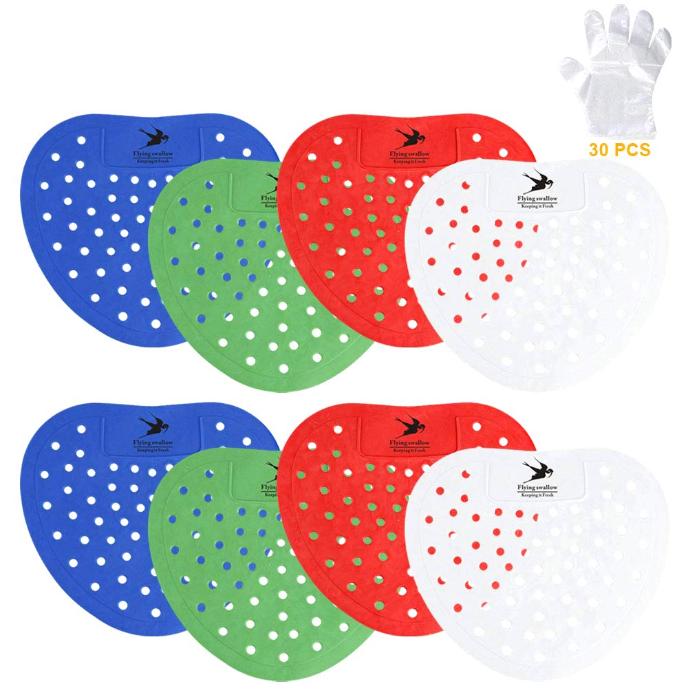 Flying swallow Urinal Screens, Splash Mats, Fits Most Top Urinal Brands & Waterless with 15 pair Disposable gloves,4 Colors 8 Pieces (Big hole)