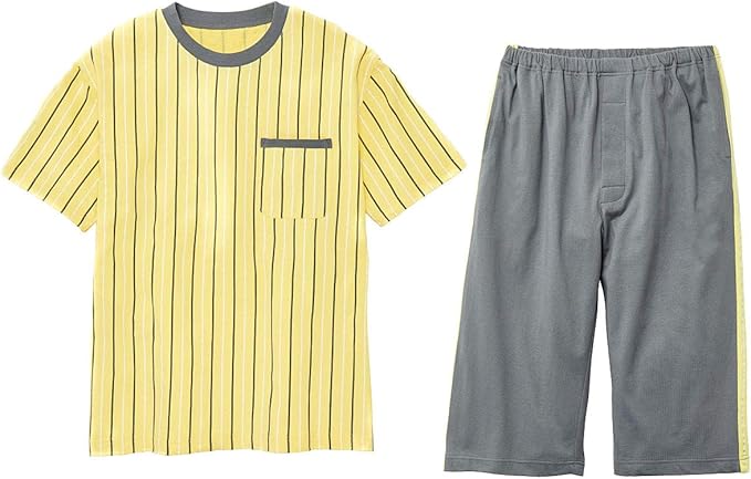 Amazon セシール パジャマ 綿100 半袖 7分丈パンツのtタイプ パンツ前開き Nm 1177 メンズ イエロー 日本 M 日本サイズm相当 パジャマ 通販