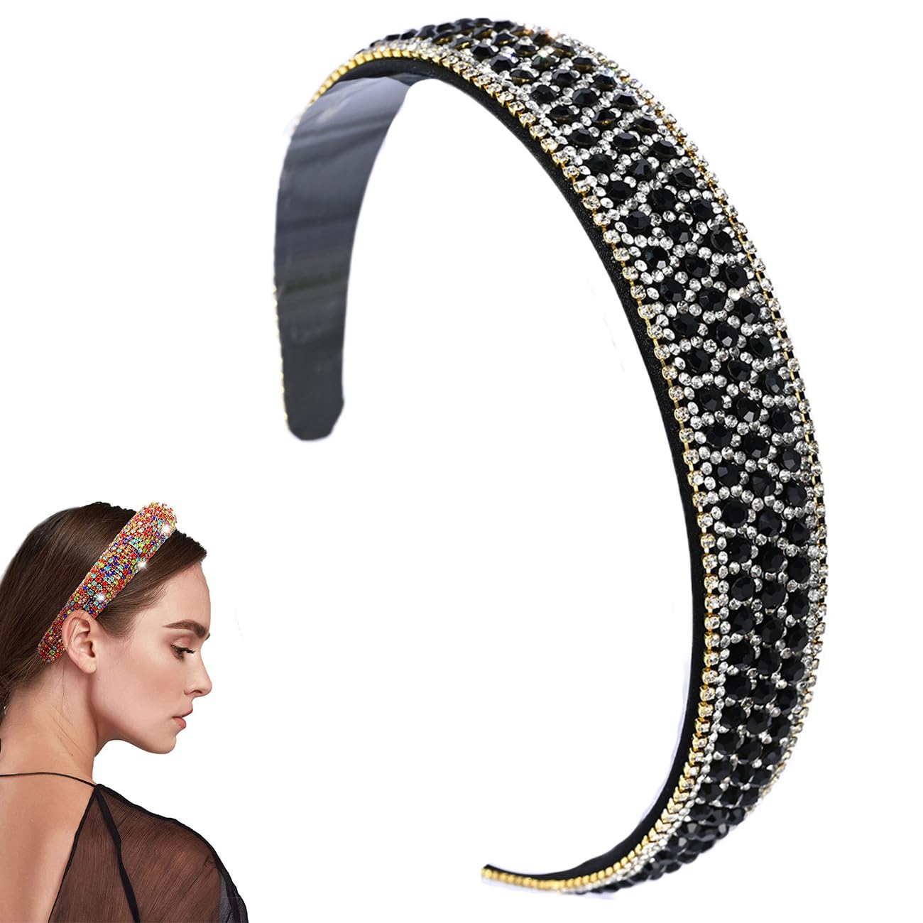 Black Headband Wide Rhinestone Hairband Crystal Headbands for Non Slip Hair Bands 2715