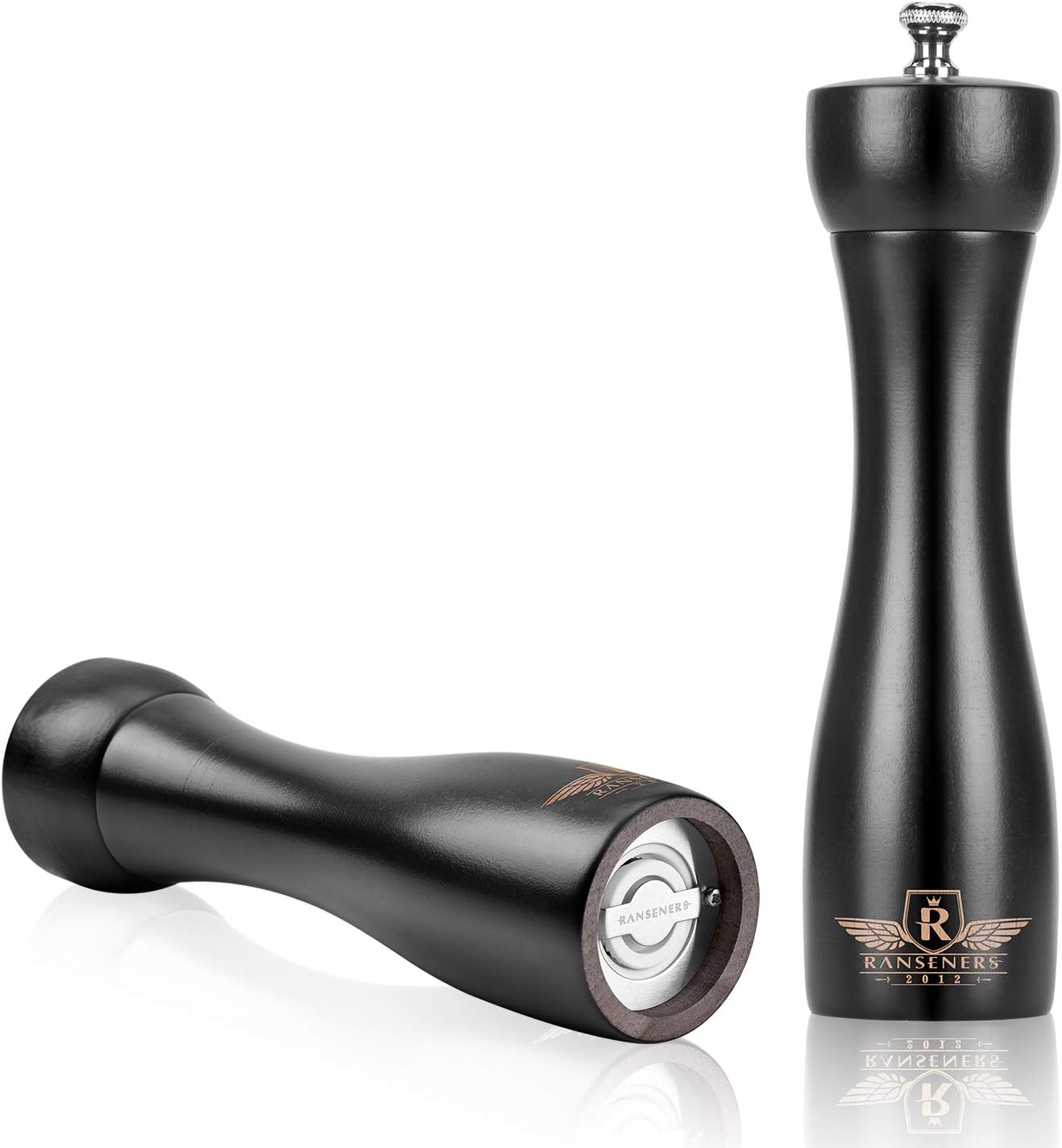RANSENERS® 8inch Wooden Salt and Pepper Mill Set, Beech, Ceramic Grinder and Stainless Steel Grinder, Adjustable from Coarse to Fine