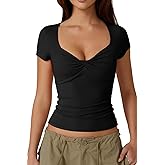 QINSEN Women's Sexy Twist Front V Neck T Shirts Double Lined Short Sleeve Slim Fit Crop Top Trendy Y2K Tops Tee