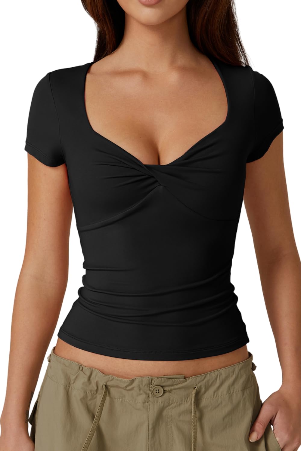 Photo 1 of QINSEN Twist Front Tops for Women Double Lined Short Sleeve Slim Fit T Shirts Trendy Crop Tops Y2K Tops Tee Black L