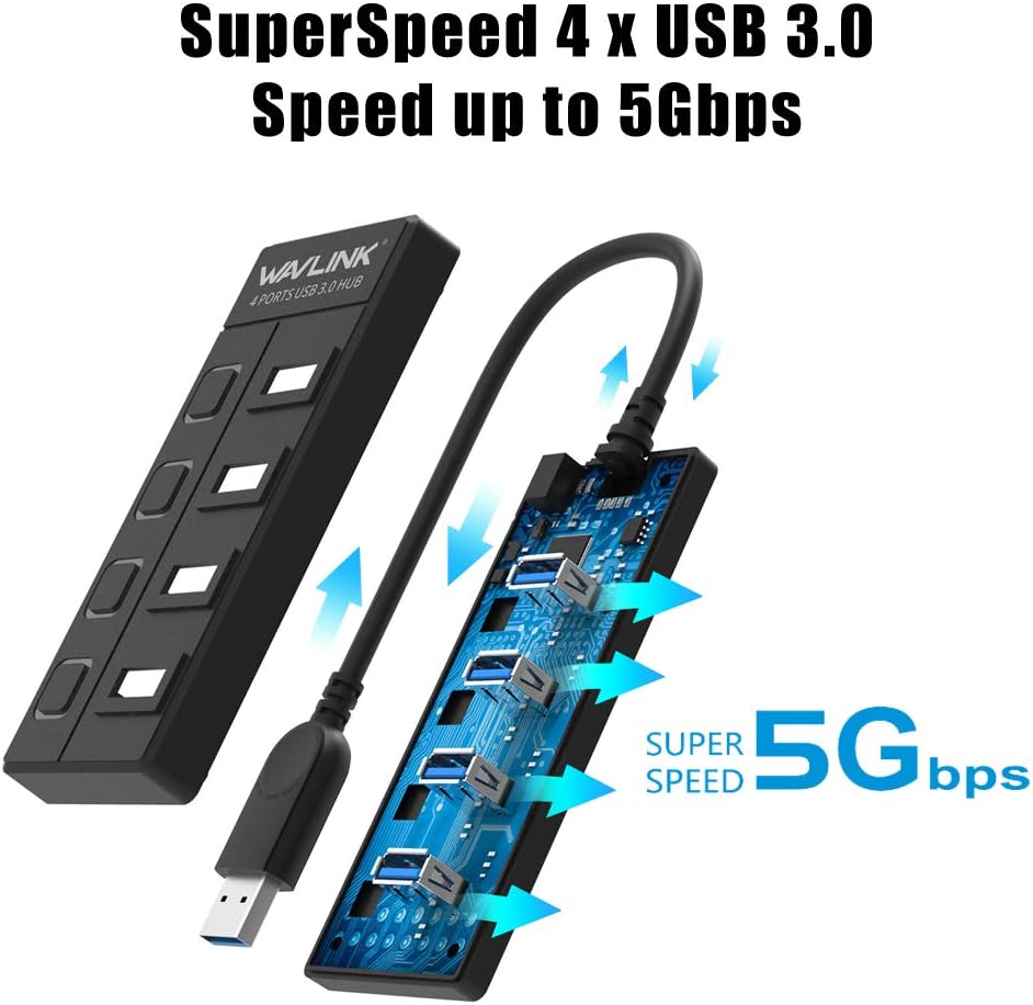 WAVLINK 4 Port USB 3.0 Hub with Individual LED Power Switches, Support SuperSpeed Data Transfer up to 5Gbps for Mac, PC, USB Flash Drives and Other Devices: Computers & Accessories