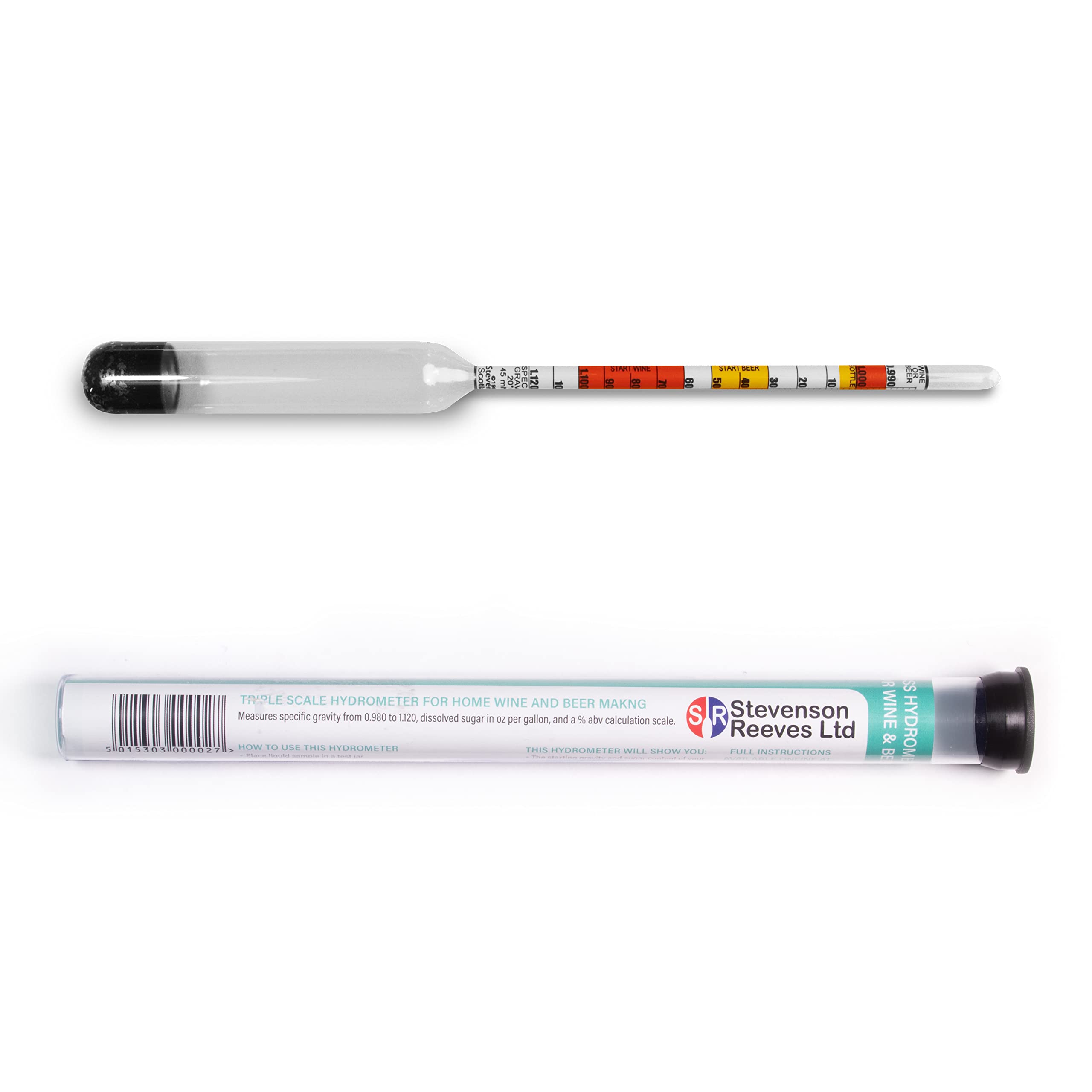 Stevenson Reeves Triple Scale Hydrometer (S1207) - For Home Brewing And Winemaking,Specific Gravity 0.980 to 1.120, Glass