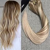Full Shine 16inch 120 Gram 9 Pcs Stropez Balayage Ombre Clip in Human Hair Extensions Color #10 Fading to Color #18 and Color #24 Hair Clip in Extensions Full Head Clip in Extensions