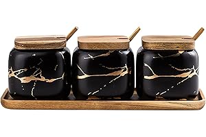 JFFLYIT 3 Pcs Porcelain Condiment Jar Pot Spice Container Ceramic Seasoning Jar with Lid Spoon and Tray Great for Home Kitchen Counter, Black
