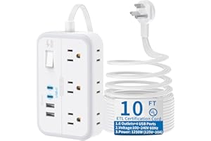 NTONPOWER 10 ft Flat Extension Cord, Flat Plug Surge Protector Power Strip with 6 Outlets 4 USB Ports, Wall Mounted Outlet Extender, Overload Protection for Indoor, Home, Office Supplies, Dorm Room Essentials